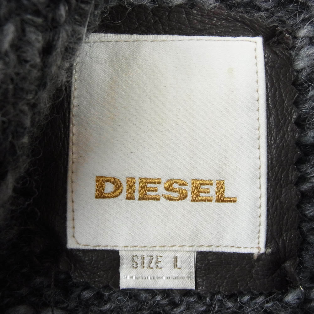 DIESEL ディーゼル レザーパッチ アルパカ混 ウール ニット カーディガン ジャケット ブラック系 L【中古】