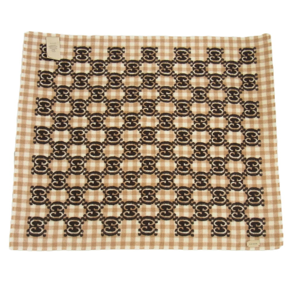 GUCCI グッチ 663156 3KAAF GG チェック ウール ブランケット ブラウン系 90x75mm【中古】