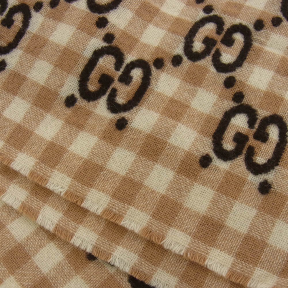 GUCCI グッチ 663156 3KAAF GG チェック ウール ブランケット ブラウン系 90x75mm【中古】