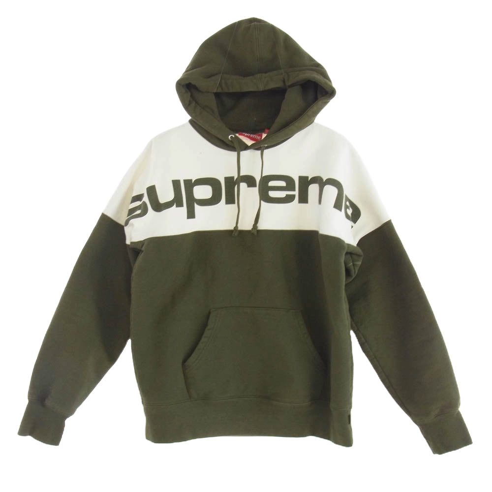 Supreme シュプリーム 17AW Blocked Hooded Sweatshirt ブロックド ロゴ プリント バイカラー スウェット プルオーバー パーカー モスグリーン系 S【中古】