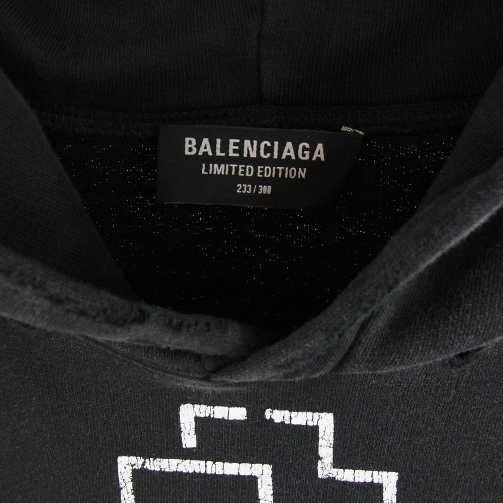 BALENCIAGA バレンシアガ 21SS 651799 TLV53 RAMMSTEIN Boxy Hoodie ラムシュタイン ボクシーフーディ プルオーバー プリント ヴィンテージ加工 パーカー ブラック系 S【中古】