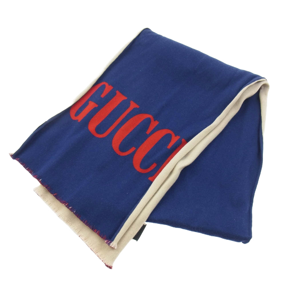 GUCCI グッチ シルク混 バイカラー ロゴプリント マフラー ストール ベージュ系 ネイビー系【中古】
