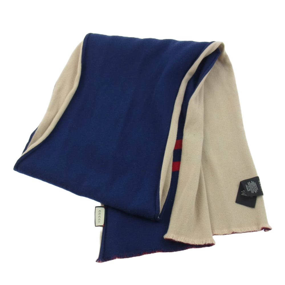 GUCCI グッチ シルク混 バイカラー ロゴプリント マフラー ストール ベージュ系 ネイビー系【中古】