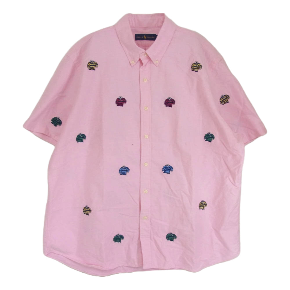 POLO RALPH LAUREN ポロ・ラルフローレン 刺繡デザイン ボタンダウン 半袖 シャツ ピンク系 XL【中古】