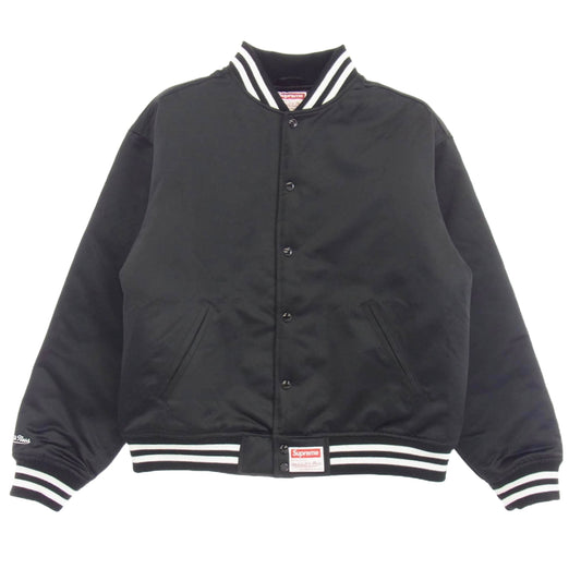 Supreme シュプリーム 24AW × Mitchell & Ness Back Logo Satin Varsity Jacket バックアーチ ロゴワッペン サテン バーシティジャケット ブルゾン ブラック系 L【中古】
