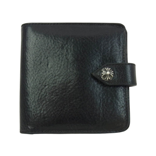 CHROME HEARTS クロムハーツ（原本有） SQ BTN BILL スクエアボタンビル レザーウォレット クロスボールボタン 二つ折り財布 ブラック系【中古】