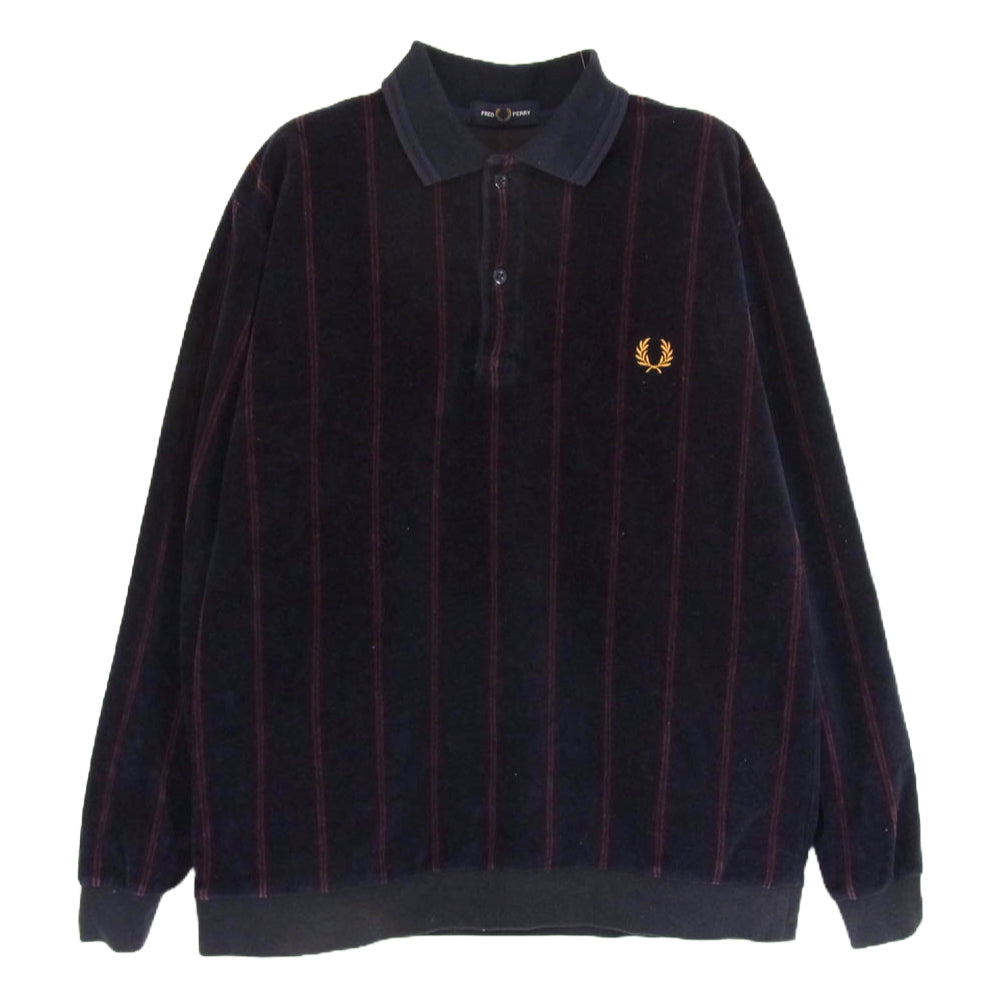 FRED PERRY フレッドペリー ベロア ストライプ 長袖 ポロシャツ ネイビー系 S【中古】