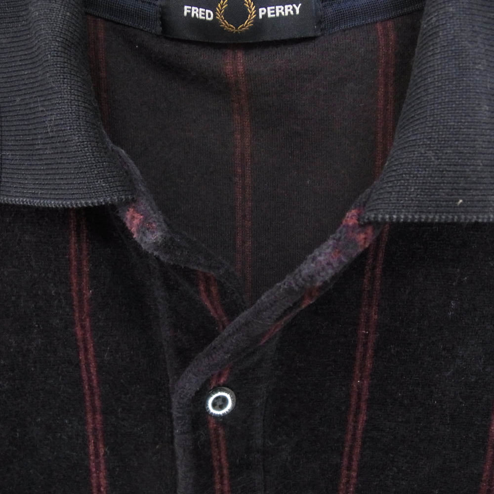 FRED PERRY フレッドペリー ベロア ストライプ 長袖 ポロシャツ ネイビー系 S【中古】