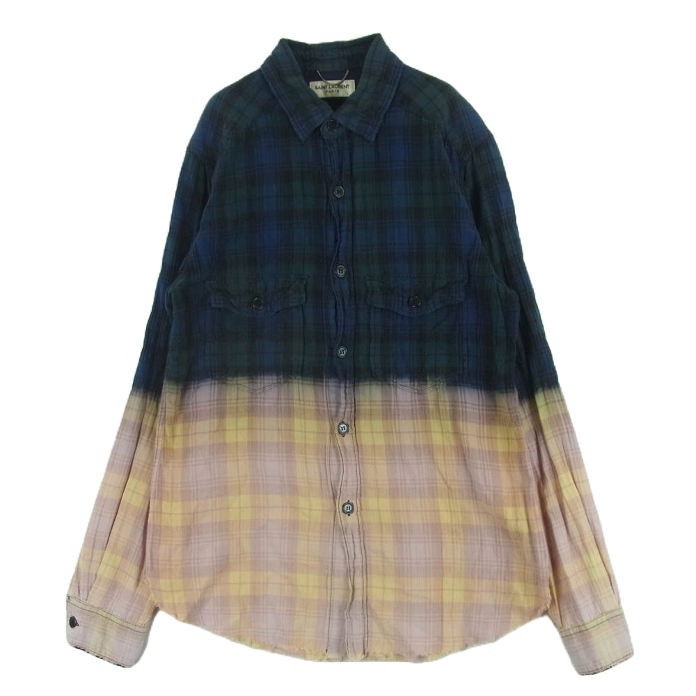 SAINT LAURENT サンローラン エディ期 16SS 410410 Y840L 国内正規品 グラデーション カットオフ チェック 長袖 シャツ グリーン系 ピンク系 S【中古】