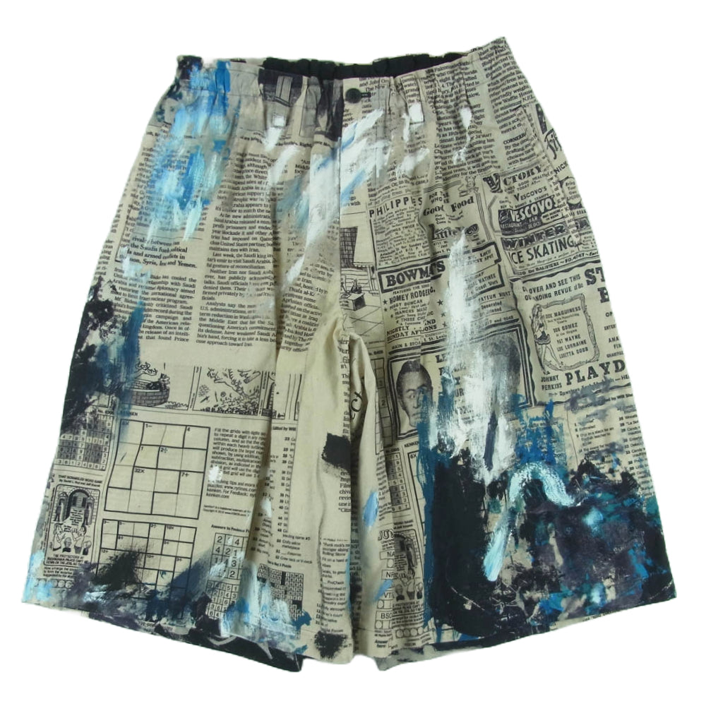 Yohji Yamamoto POUR HOMME ヨウジヤマモトプールオム 22SS HG-P55-032 新聞朝倉柄 ハンドペイント ハーフ ショート パンツ ショーツ ベージュ系 ブラック系 ブルー系 3【中古】