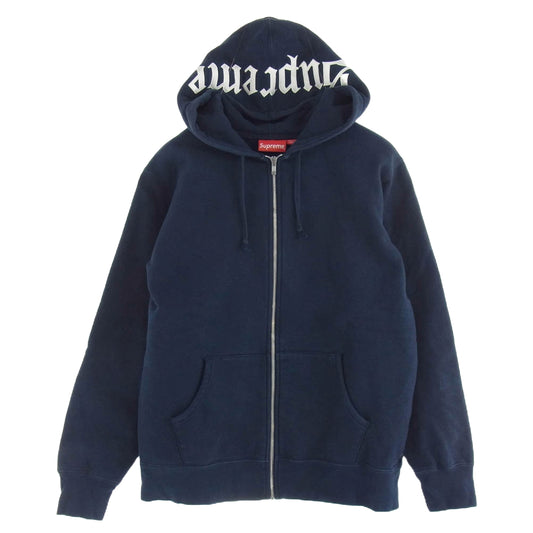 Supreme シュプリーム 16AW Old English Hood Logo Zip Up Sweat オールド イングリッシュ フード ロゴ ジップアップ スウェットパーカー ネイビー系 L【中古】