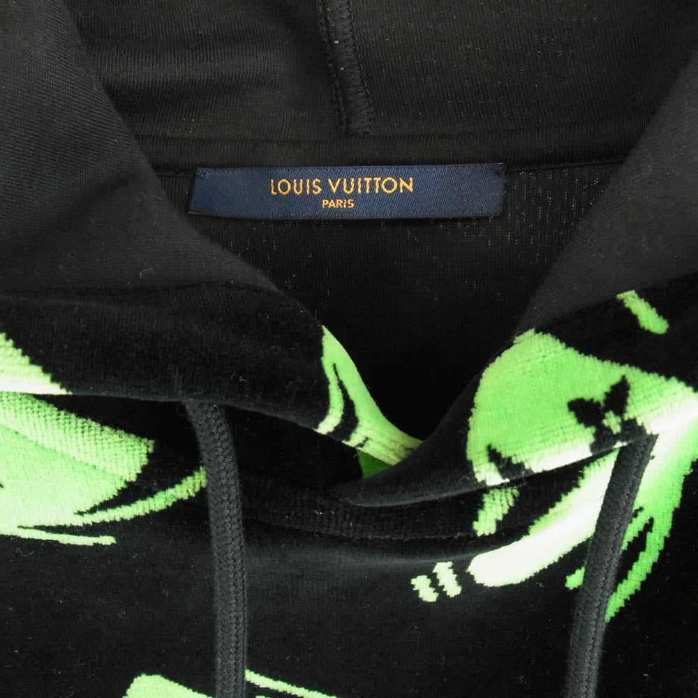 LOUIS VUITTON ルイ・ヴィトン 22AW RM22 RC6 HNY88W LV アイズシャドウ ジャガード ベロア スウェット プルオーバーパーカー ブラック系 グリーン系 L【中古】