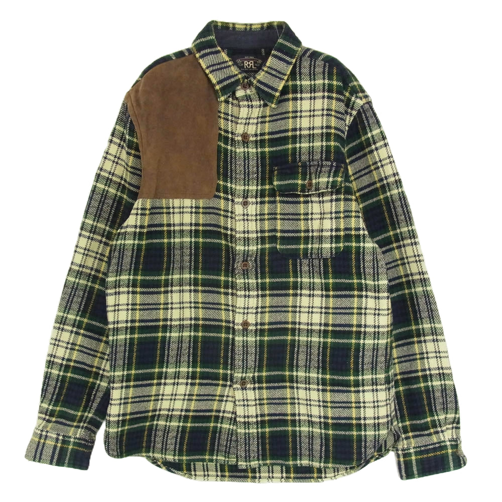 RRL ダブルアールエル レザーパッチ ヘビィーネル チェック シャツ 長袖 グリーン系 M【中古】