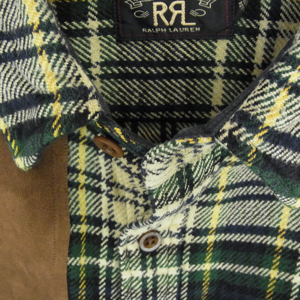 RRL ダブルアールエル レザーパッチ ヘビィーネル チェック シャツ 長袖 グリーン系 M【中古】