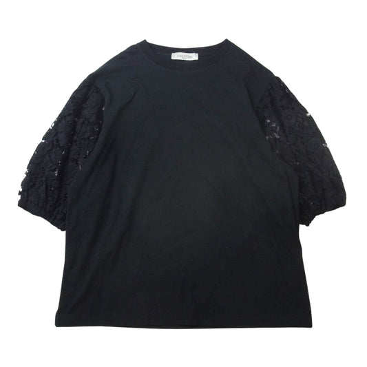 VALENTINO ヴァレンティノ 本ライン 袖レース クルーネック 半袖 Tシャツ ブラック系 S【中古】