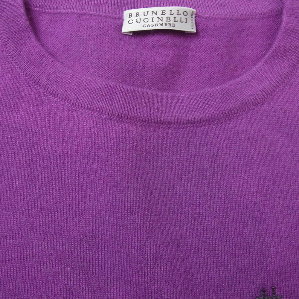 Brunello Cucinelli ブルネロクチネリ イタリア製 カシミヤ100％ ビーズポケットデザイン ニット クルーネック 半袖 Tシャツ カットソー にっとそー パープル系【中古】