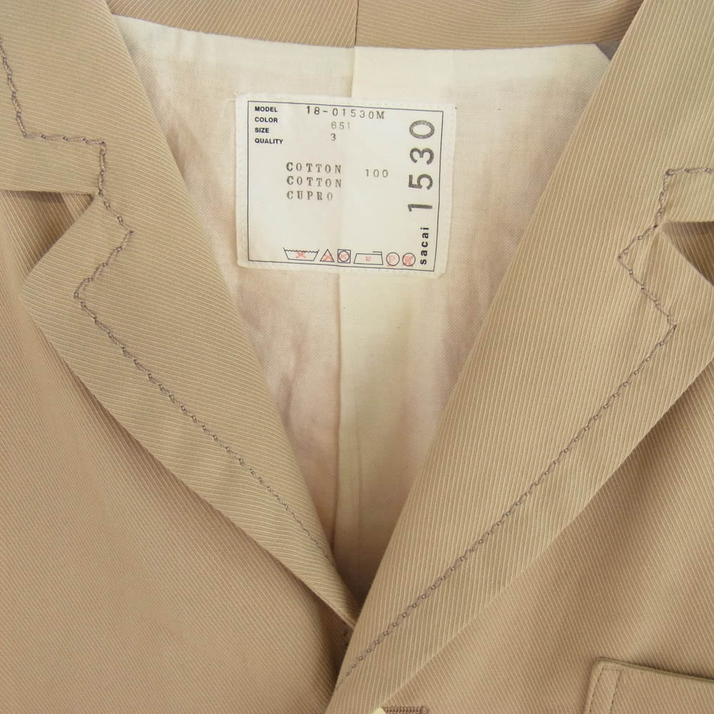 Sacai サカイ 18AW 18-01530M ステッチデザイン チェスター コート ベージュ系 3【中古】