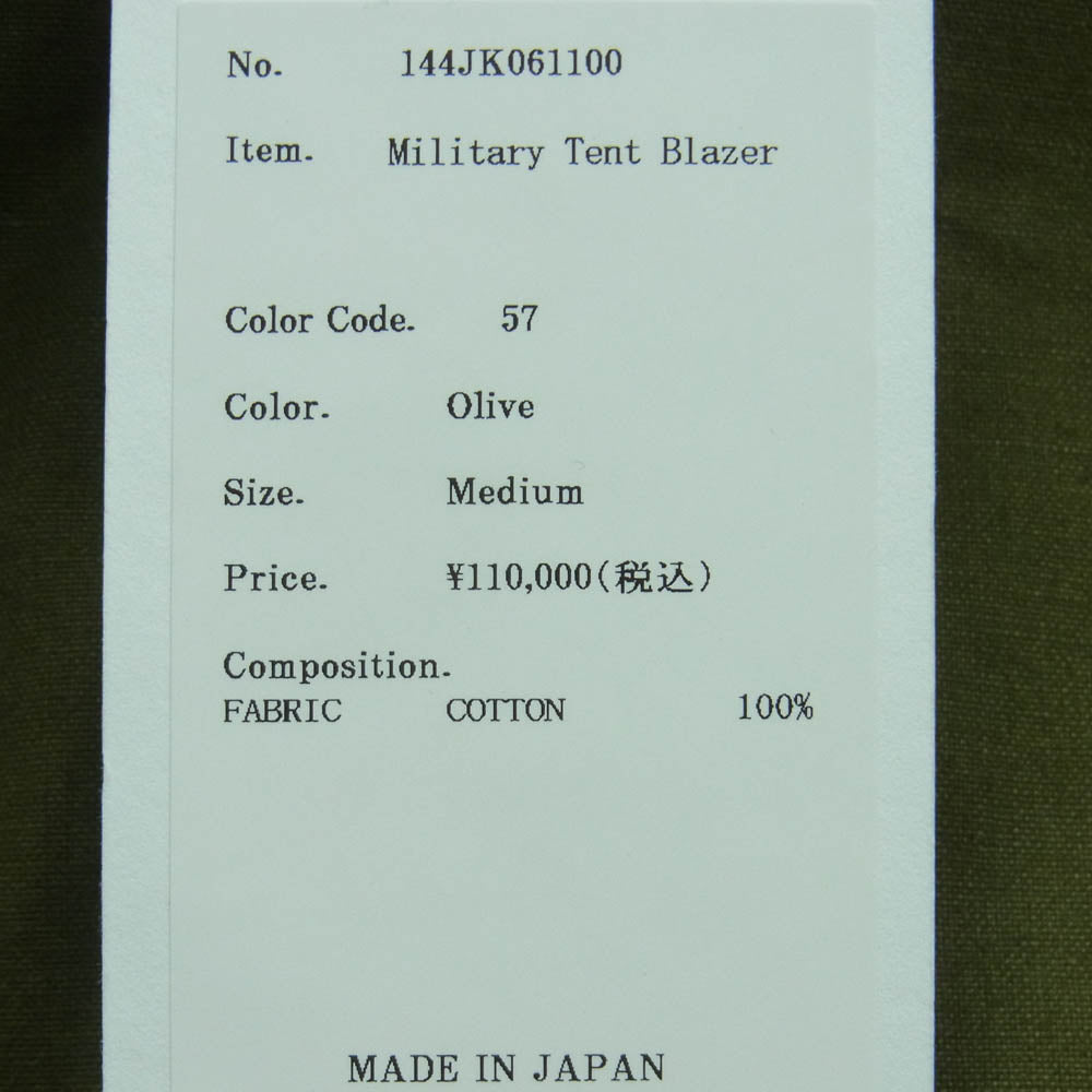 KUON クオン 144JK061100 Military Tent Blazer ミリタリー テント生地 ブレザー ジャケット グリーン系 Olive M【新古品】【未使用】【中古】
