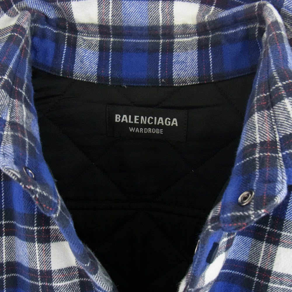 BALENCIAGA バレンシアガ 642339 TKM27 Padded Flannel Shirt パデッド フランネル チェック シャツ ジャケット 中綿 裏地キルティング ブルー系 38【中古】