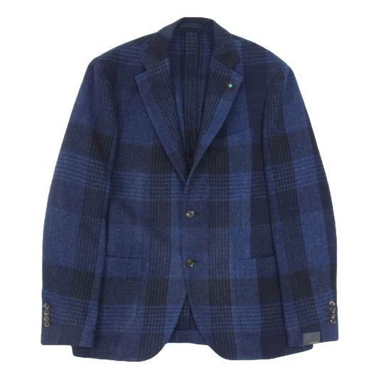 LARDINI ラルディーニ IA546AE ブートニエール付き チェック ウール 段返り2B テーラード ジャケット コート ネイビー系 50【極上美品】【中古】