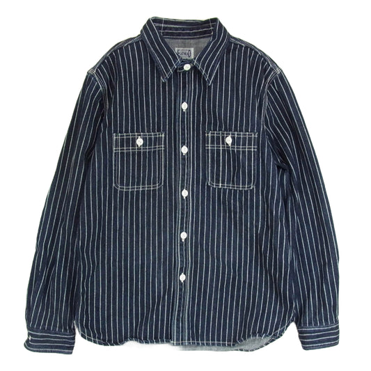 THE FLAT HEAD ザフラットヘッド 10oz ウォバッシュ ストライプ 長袖 ワーク シャツ ヘリンボーン ネイビー系 38【中古】