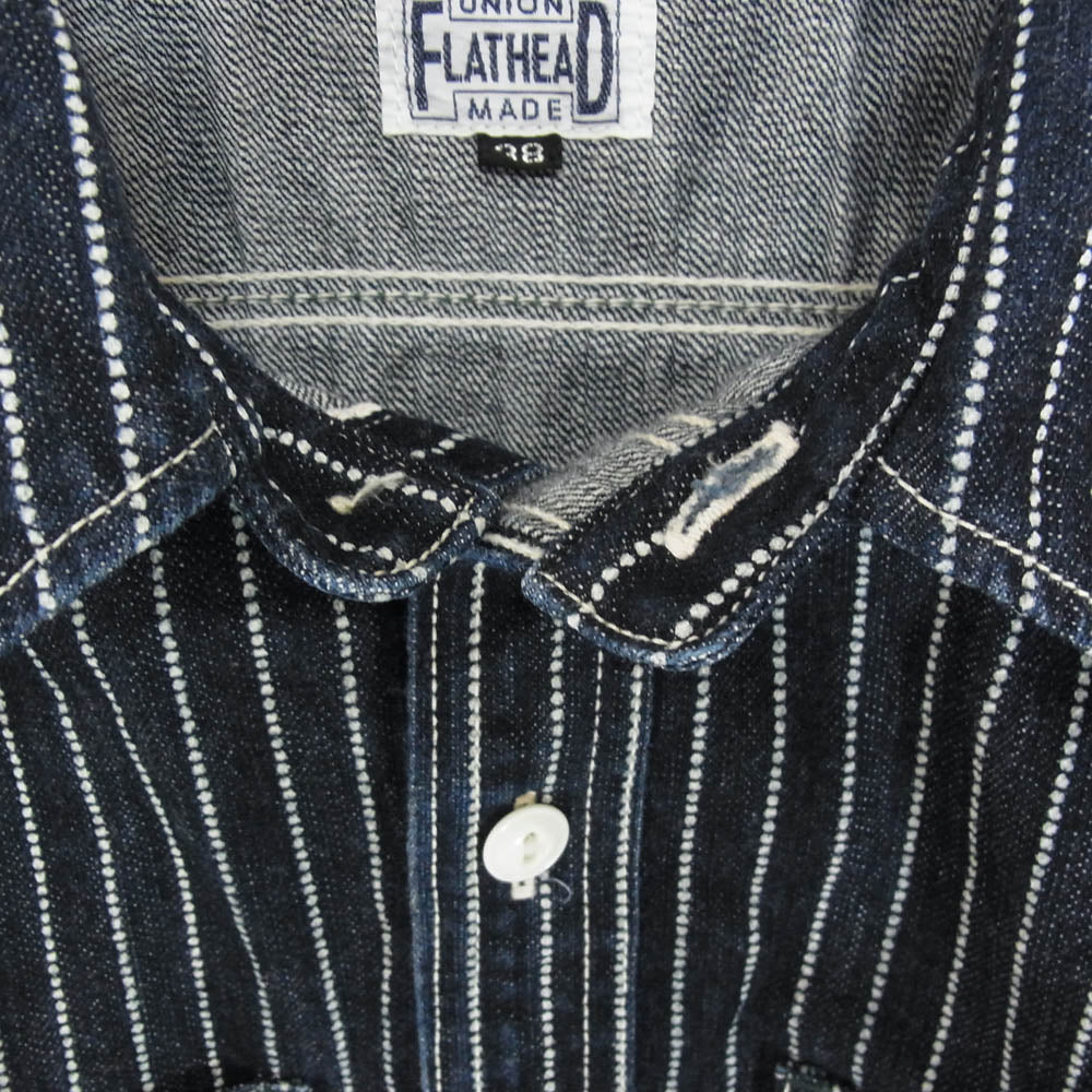 THE FLAT HEAD ザフラットヘッド 10oz ウォバッシュ ストライプ 長袖 ワーク シャツ ヘリンボーン ネイビー系 38【中古】