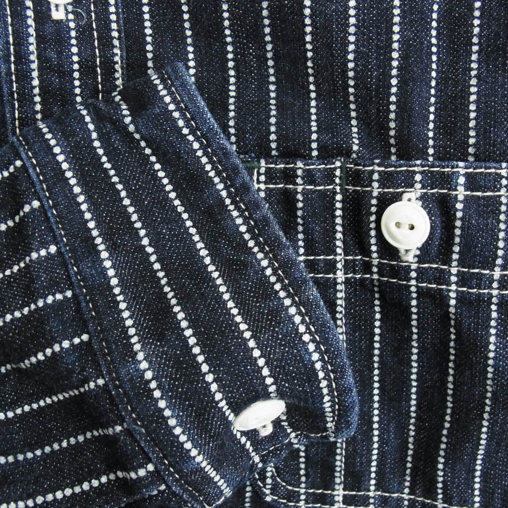 THE FLAT HEAD ザフラットヘッド 10oz ウォバッシュ ストライプ 長袖 ワーク シャツ ヘリンボーン ネイビー系 38【中古】
