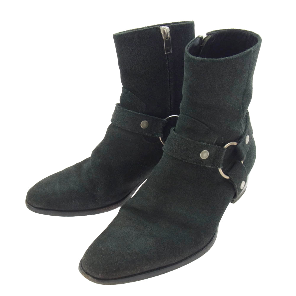 SAINT LAURENT サンローラン 443190 WYATT 40 クラシック ワイアット ハーネス リング レザー サイドジップ スエード ヒール ブーツ ブラック系 40【中古】
