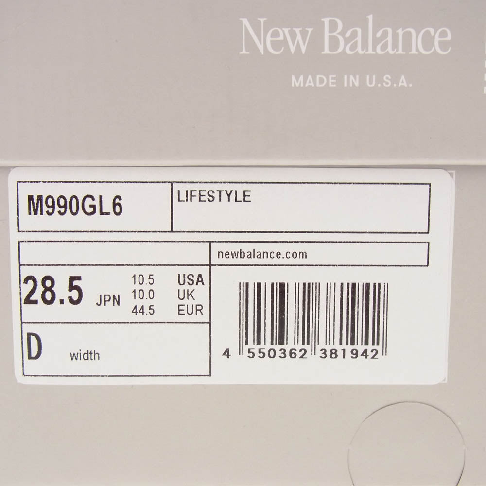 NEW BALANCE ニューバランス M990GL6 USA製 990 スエード切替 ローカット スニーカー グレー系 28.5cm【新古品】【未使用】【中古】