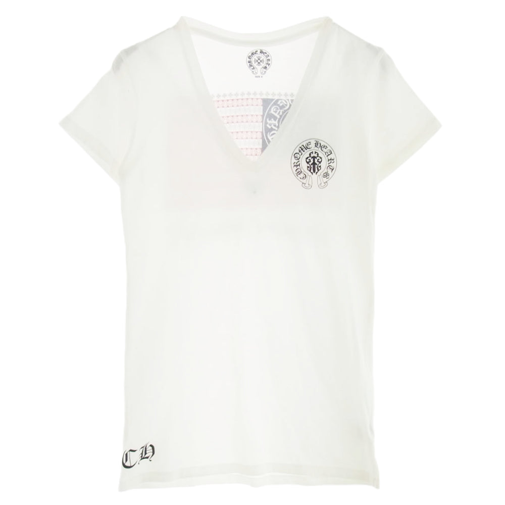 CHROME HEARTS クロムハーツ（原本無） American Flag Tee アメリカン フラッグ ホースシュー Ｖネック Ｔシャツ 星条旗 半袖カットソー ホワイト系 S【中古】