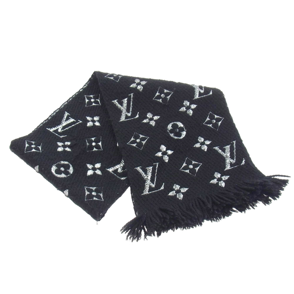 LOUIS VUITTON ルイ・ヴィトン M75833 モノグラム エシャルブ ロゴマニア シャイン シルク フリンジ  マフラー ブラック系 シルバー系【中古】