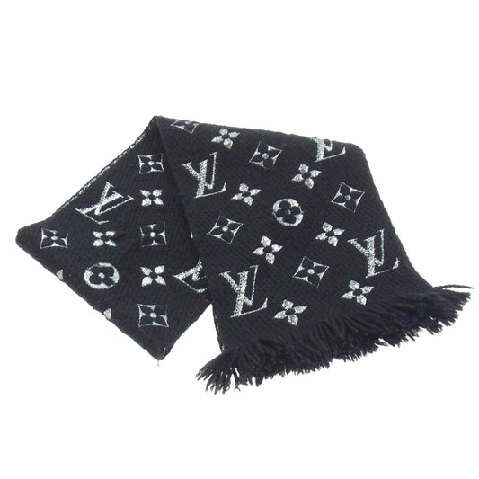 LOUIS VUITTON ルイ・ヴィトン M75833 モノグラム エシャルブ ロゴマニア シャイン シルク フリンジ  マフラー ブラック系 シルバー系【中古】