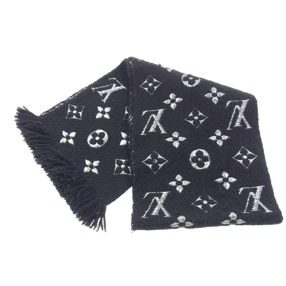 LOUIS VUITTON ルイ・ヴィトン M75833 モノグラム エシャルブ ロゴマニア シャイン シルク フリンジ  マフラー ブラック系 シルバー系【中古】