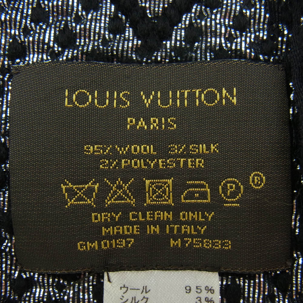 LOUIS VUITTON ルイ・ヴィトン M75833 モノグラム エシャルブ ロゴマニア シャイン シルク フリンジ  マフラー ブラック系 シルバー系【中古】