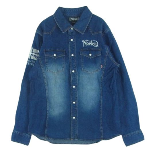 NORTON ノートン 71N1500 ラメ 刺繍 ストレッチ 長袖 デニム ウエスタン シャツ インディゴブルー系 L【美品】【中古】
