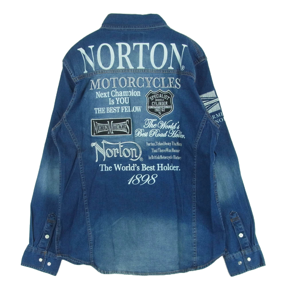 NORTON ノートン 71N1500 ラメ 刺繍 ストレッチ 長袖 デニム ウエスタン シャツ インディゴブルー系 L【美品】【中古】