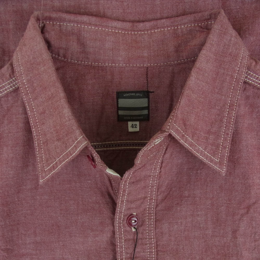 MOMOTARO JEANS 桃太郎ジーンズ SJ091 GTB 5oz ORIGINAL SELVAGE CHAMBRAY WORK SHIRT 出陣 シャンブレー ワーク シャツ 長袖 レッド系 RED 42【新古品】【未使用】【中古】