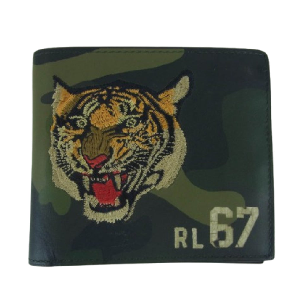POLO RALPH LAUREN ポロ・ラルフローレン タイガー 刺繍 カモフラージュ 二つ折り レザー ウォレット 財布 グリーン系 ブラック系 ダークブラウン系【中古】