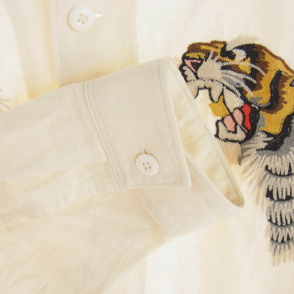 GERUGA ゲルガ GR-S-170 NO COLLAR SHIRTS MINI HERRINBONE TIGER HEAD ヘリンボーン 刺繍 ノーカラー シャツ ジャケット オフホワイト系 4【中古】