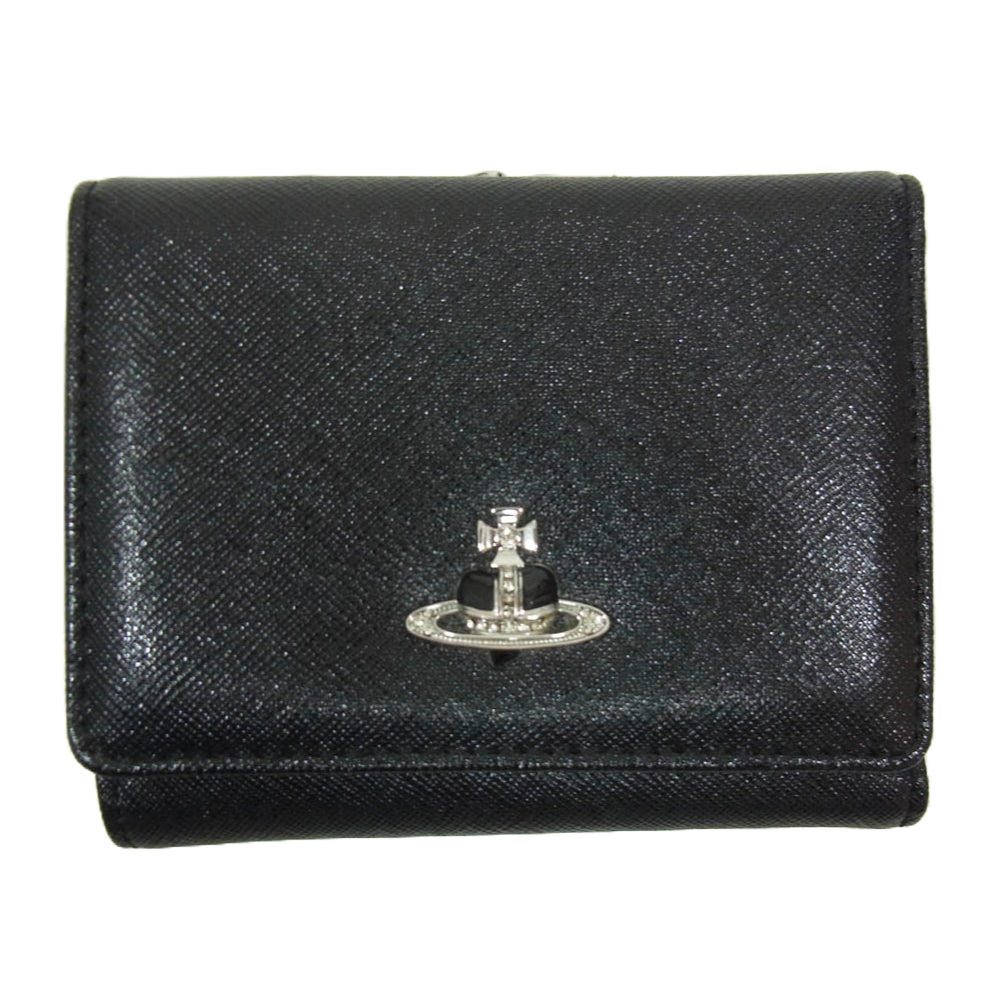 Vivienne Westwood ヴィヴィアンウエストウッド 51010048 42136 ブラック オーブブラック ディアマンテ ハート オーブ レザー 三つ折り財布 ウォレット ブラック系【美品】【中古】