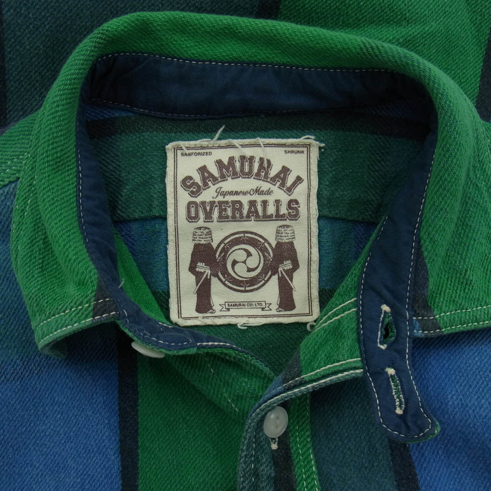 SAMURAI JEANS サムライジーンズ SNL11-01B OVERALLS オーバーオールズ チンストラップ チェック ヘビー ネルシャツ 長袖 グリーン系 ブルー系 L【中古】