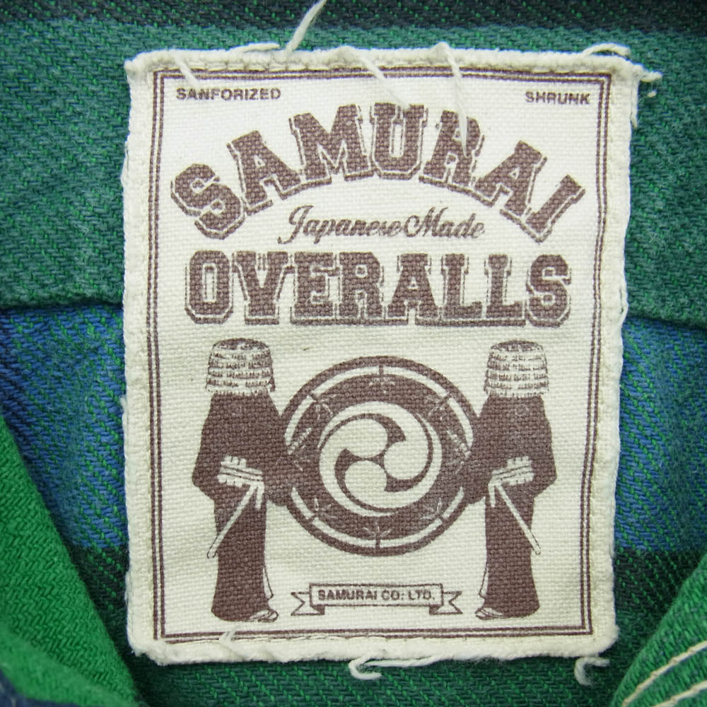 SAMURAI JEANS サムライジーンズ SNL11-01B OVERALLS オーバーオールズ チンストラップ チェック ヘビー ネルシャツ 長袖 グリーン系 ブルー系 L【中古】