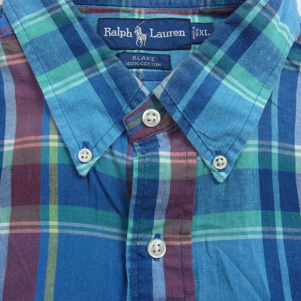 RALPH LAUREN ラルフローレン BLAKE ボタンダウン チェック 半袖 シャツ グリーン系 XL【中古】