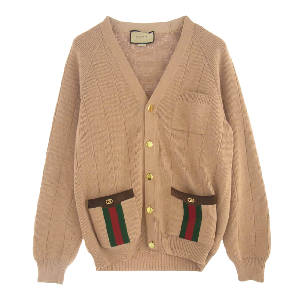 GUCCI グッチ 21AW 626349 XKBFJ ウェブ付き ウールブレンド ニット カーディガン ベージュ系 L ライトブラウン系 L【中古】