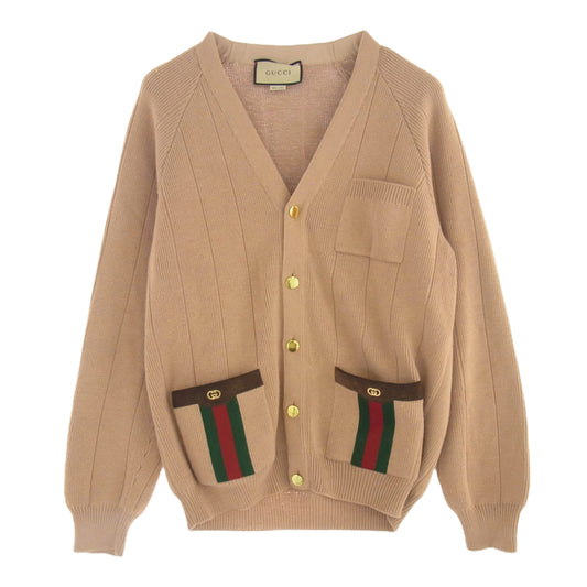 GUCCI グッチ 21AW 626349 XKBFJ ウェブ付き ウールブレンド ニット カーディガン ベージュ系 L ライトブラウン系 L【中古】