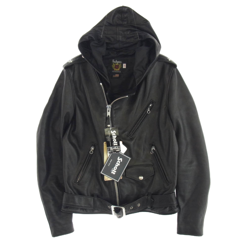 schott ショット 7823950106 503HDT HOODED ONESTAR フードワンスター レザー フルジップ パーカー ライダース ジャケット ブラック系 38【中古】