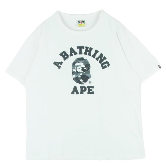 A BATHING APE アベイシングエイプ APC グレーカモ  カレッジ プリント 半袖 Tシャツ コットン 中国製 ホワイト系 L【中古】