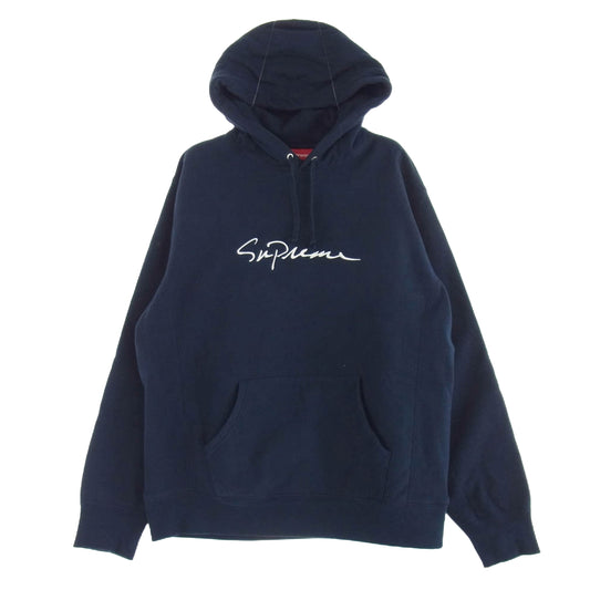 Supreme シュプリーム 18FW Classic Script Hooded Sweatshirt クラシック スクリプト ロゴ刺繍 フーデッド スウェット パーカー ネイビー系 L【中古】