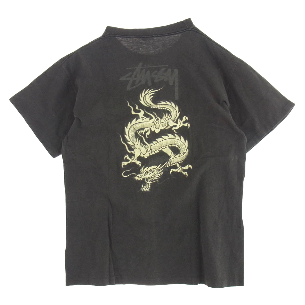 STUSSY ステューシー 80s USA製 OLD アメリカ製 オールド 黒タグ 初期 ドラゴン バック プリント 半袖 Tシャツ グレー系 XL【中古】