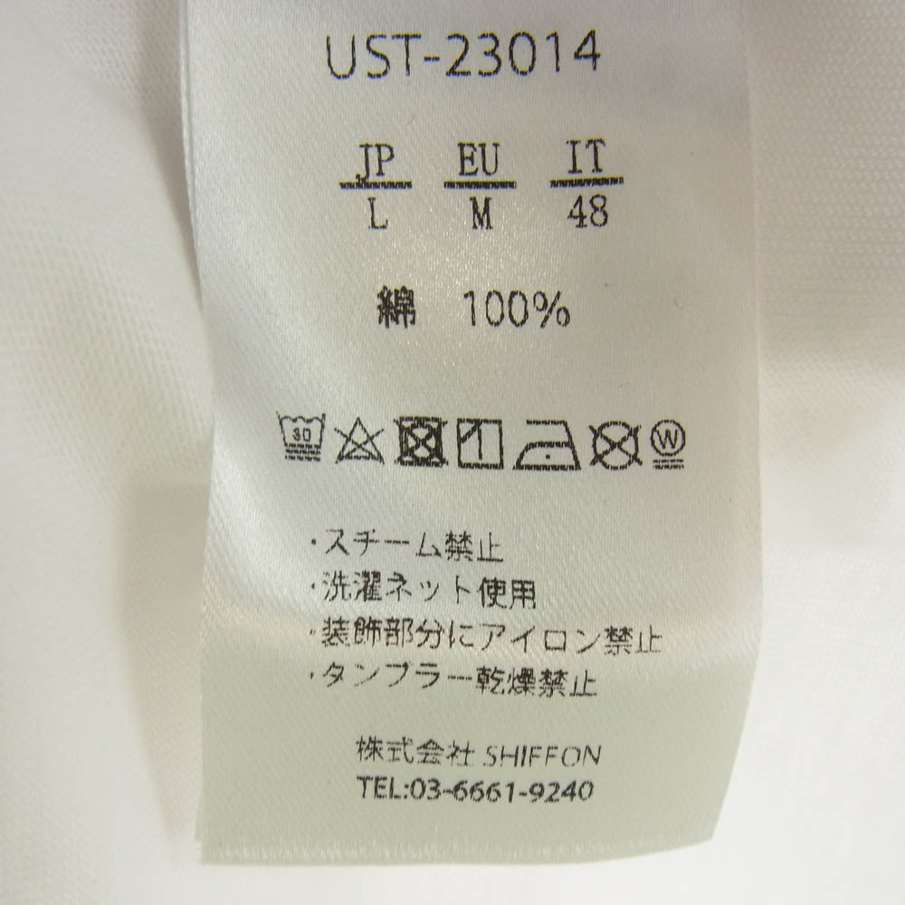1piu1uguale3 ウノピュウノウグァーレトレ RELAX リラックス 筆記体ロゴワッペン クルーネック 半袖 Tシャツ ホワイト系 L【中古】